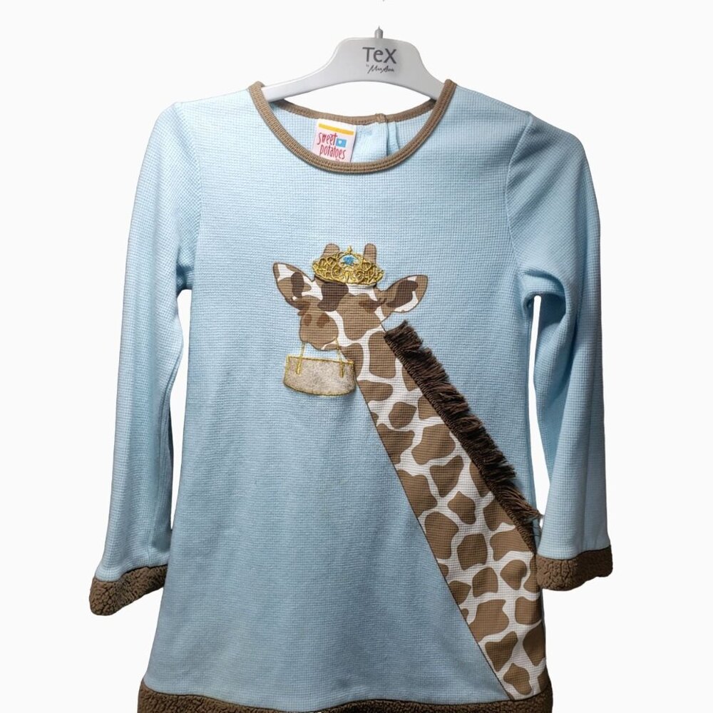 Sweet Potatoes Top Toddler Girl Dress Size 6 Blue Thermal Waffle Weave Giraffe